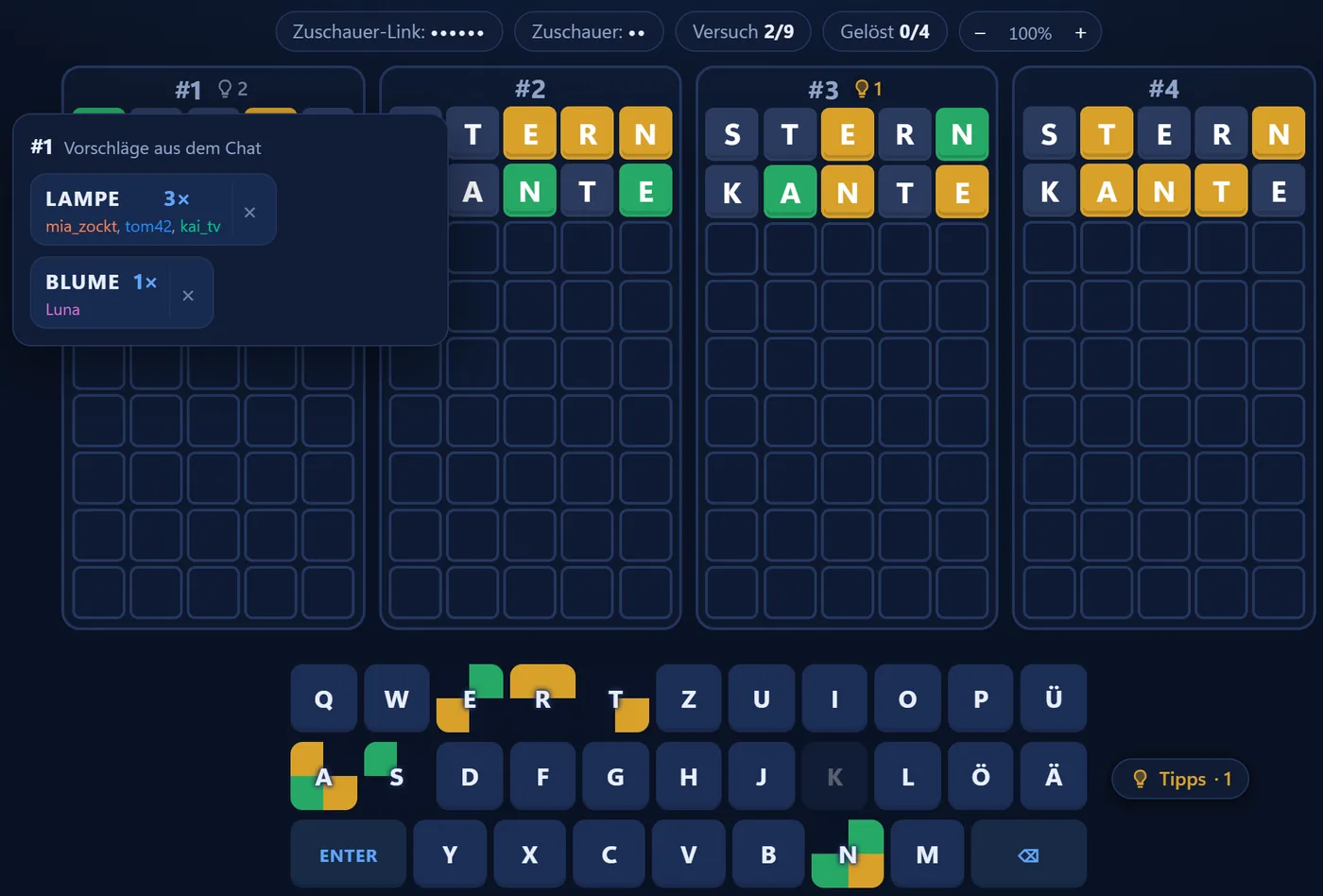 Game view with four boards, light bulbs and word suggestions from Twitch chat